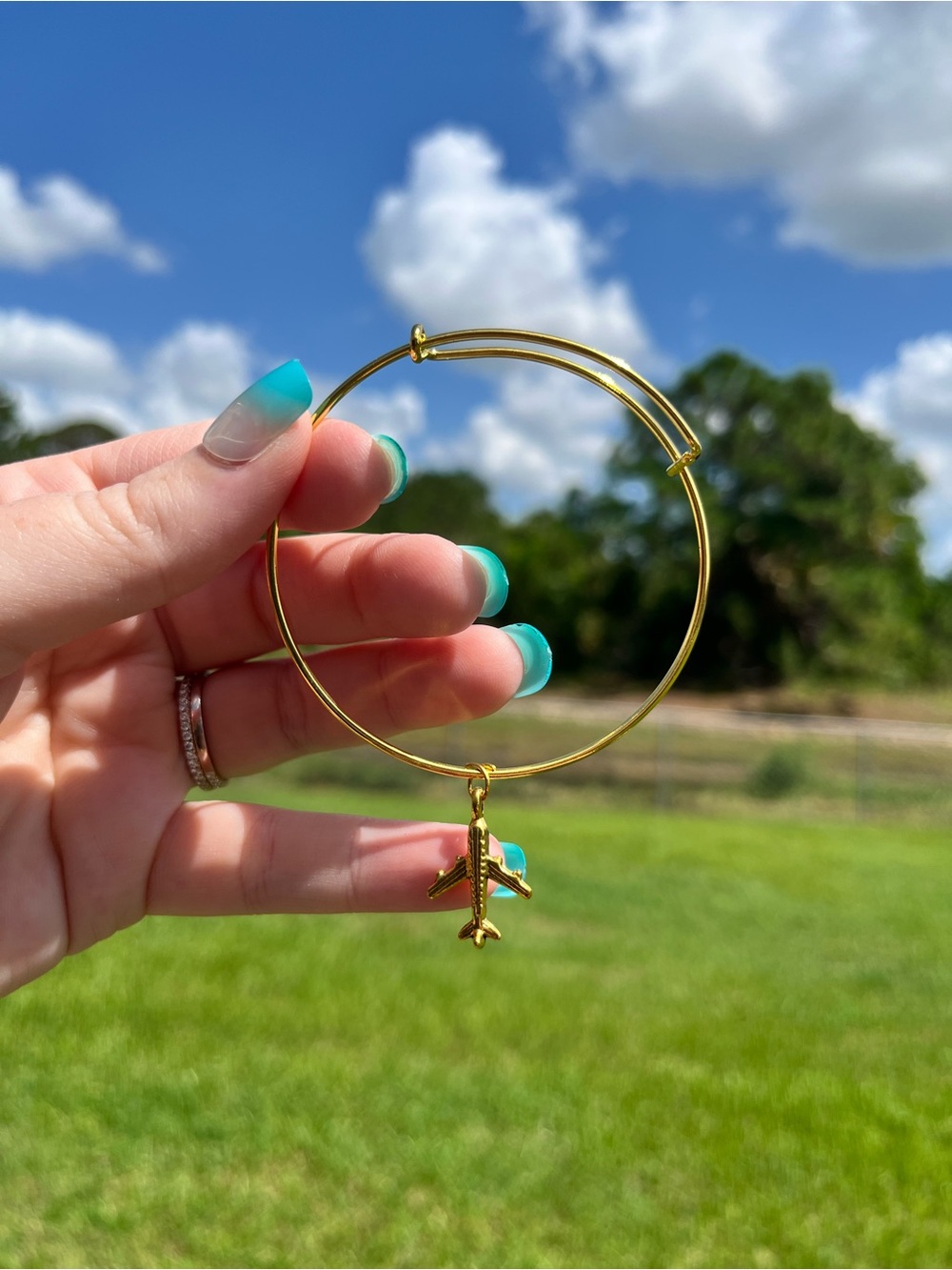 Handmade Gold Airplane Charm Bangle Bracelet - Women Jewelry
